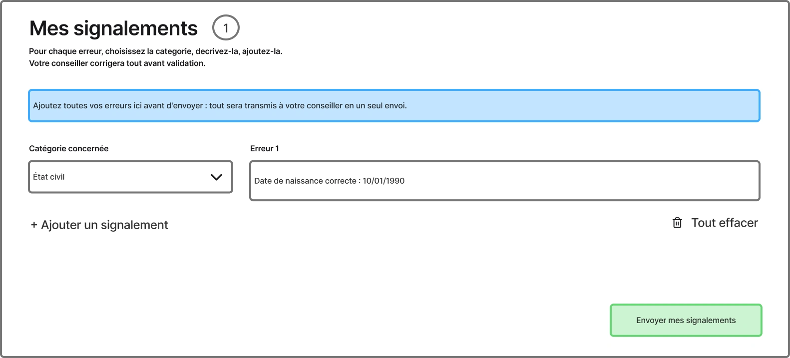 Wireframe de la card « Mes signalements » : une catégorie choisie dans le dropdown, l’erreur décrite, « Ajouter un signalement » et « Envoyer mes signalements »