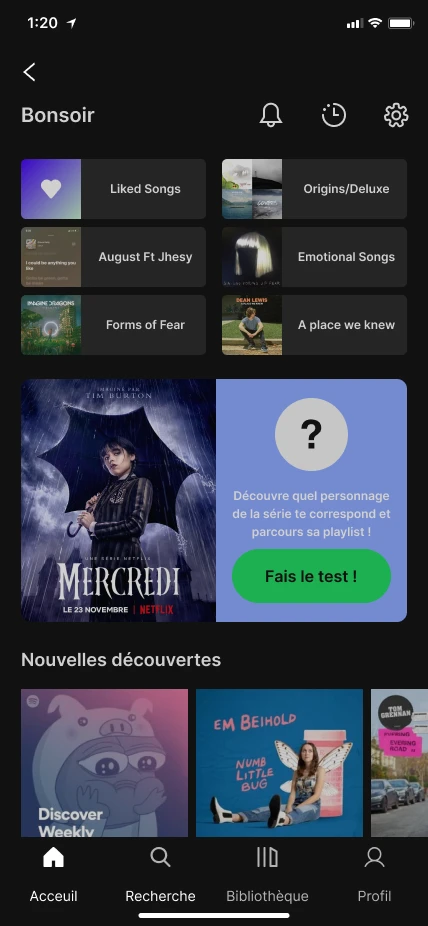 Accueil Spotify avec la carte « Fais le test ! »