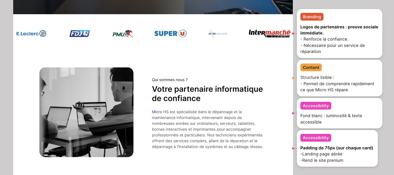 Les logos partenaires et la section « Qui sommes-nous ? », avec les annotations de mes choix
