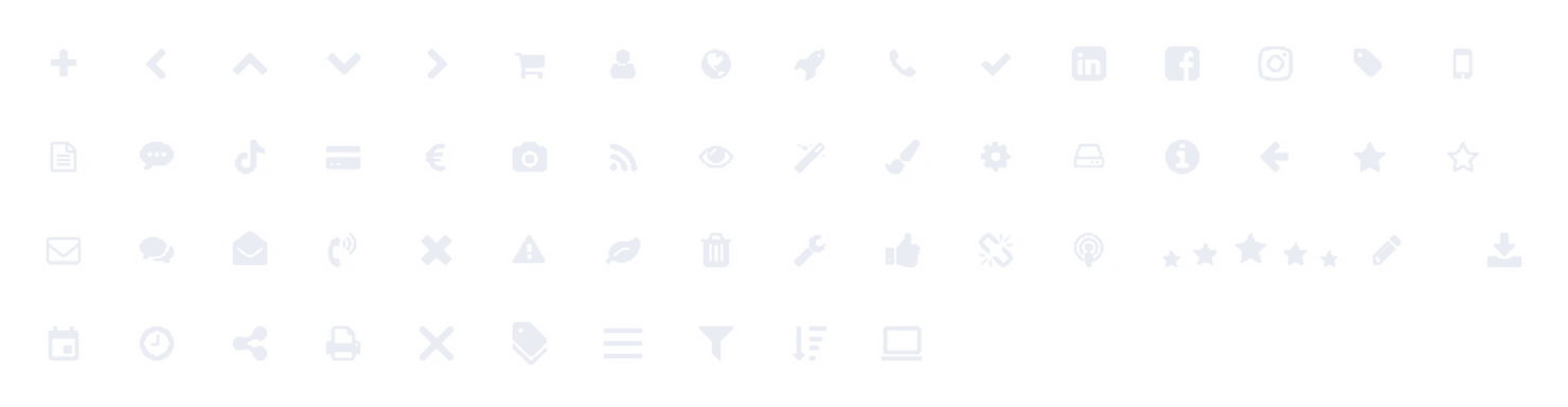 Les icônes du kit : flèches, panier, profil, téléphone, réseaux sociaux, documents, paiement, réglages, étoiles, alertes, outils, calendrier, partage, impression, filtre, ordinateur…
