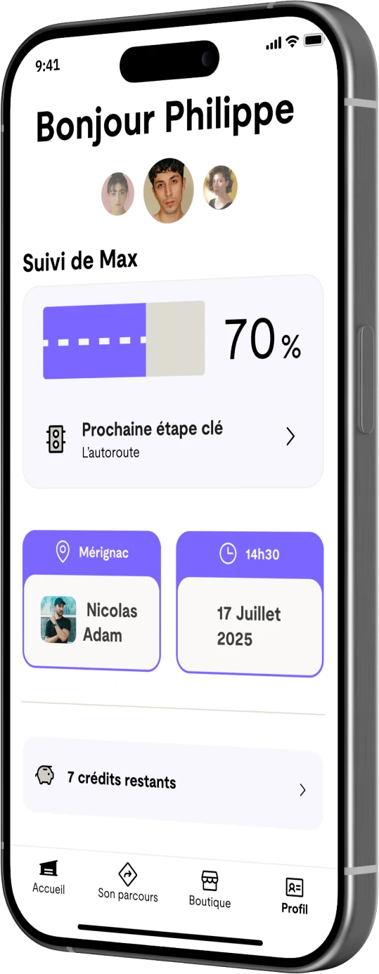 Dashboard parent : suivi de l’enfant, moniteur et prochaine session